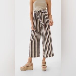 Flowy Cropped Striped Culottes With Belt by Stradivarius Size Small